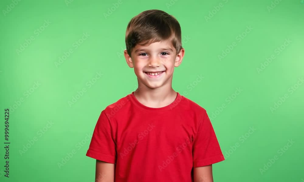 Smiling teen boy with red shirt on green screen. Generative AI