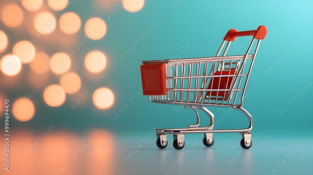 Metallic shopping cart with vibrant bokeh background Metallic shopping cart with vibrant bokeh background