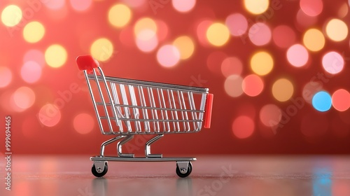 Mini shopping cart against a vibrant bokeh background