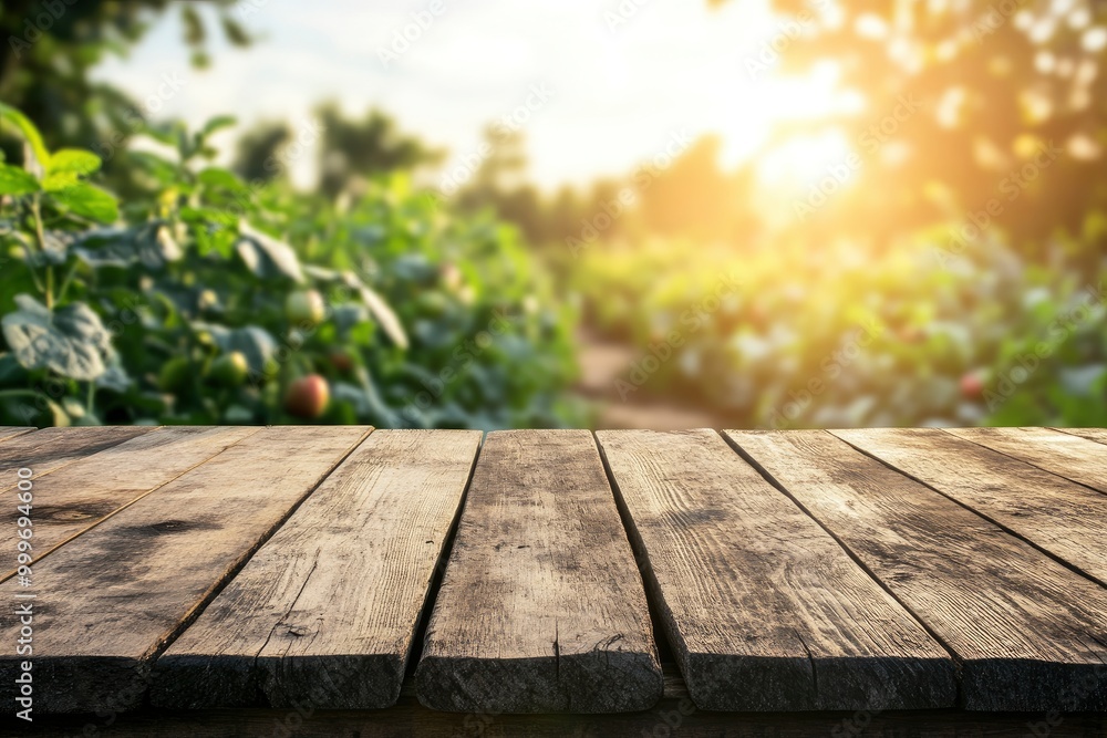 Wooden table top on blur plant vegetable or fruit organic farm background. For place food, drink or health care business. Fresh landscape and relax season concept. View of copy space - generative ai Wooden table top on blur plant vegetable or fruit organic farm background. For place food, drink or health care business. Fresh landscape and relax season concept. View of copy space - generative ai