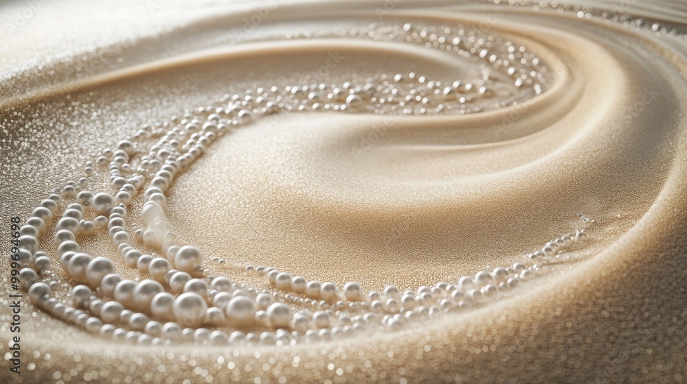 Swirling trails of beautiful pearls create a captivating abstract design on soft sand, forming an elegant and artistic visual Swirling trails of beautiful pearls create a captivating abstract design on soft sand, forming an elegant and artistic visual