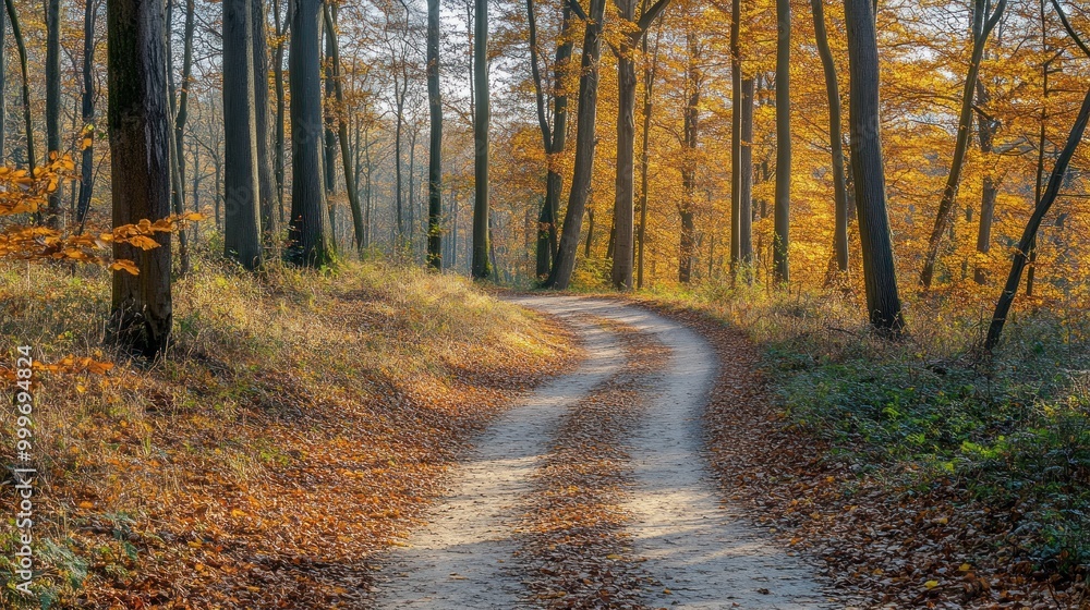 Fototapeta premium A winding path through a serene autumn forest with vibrant foliage.