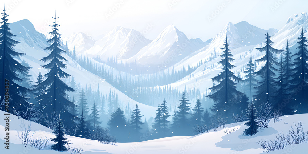 Fototapeta premium Winter Wonderland with Snow-Covered Trees and Mountain View