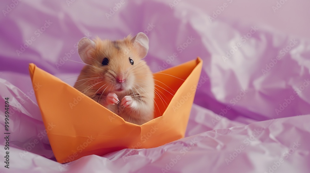 With a cute hamster on a lavender background an orange paper boat