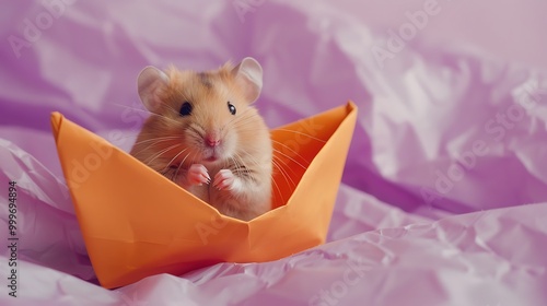 Obraz na płótnie With a cute hamster on a lavender background an orange paper boat w salonie