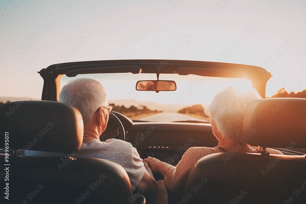 Fototapeta premium An elderly couple enjoys a scenic drive in a convertible at sunset, symbolizing freedom, companionship, and the joy of life's later years.