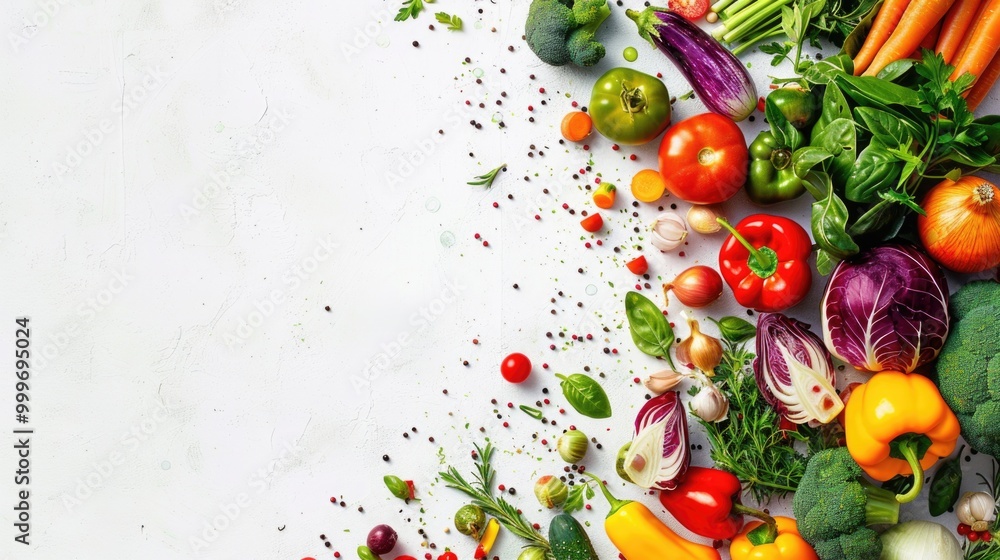 A selection of colorful vegetables and herbs arranged on a clean white surface A selection of colorful vegetables and herbs arranged on a clean white surface