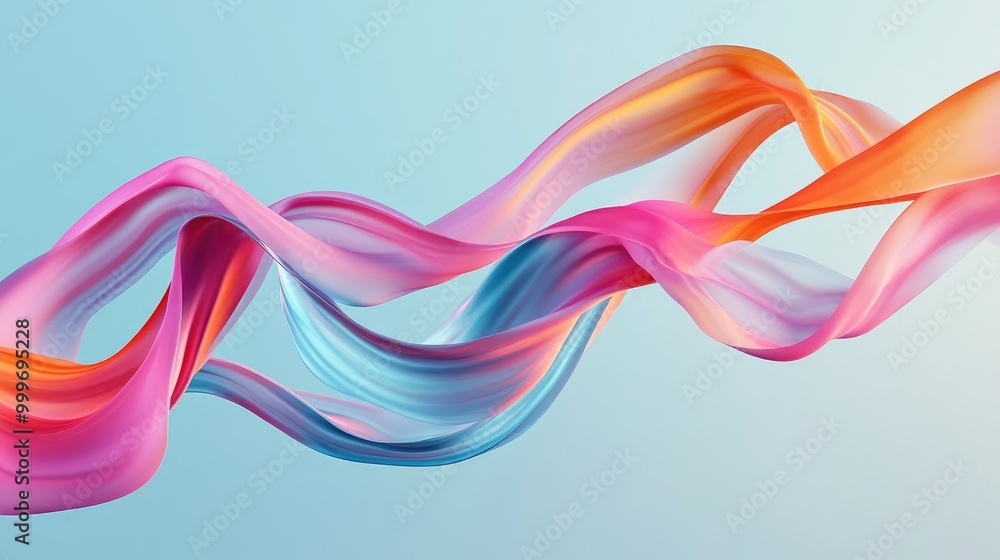 Abstract ribbons in pink, blue, and orange swirl dynamically across a light blue background, creating fluid motion. No people. Abstract ribbons in pink, blue, and orange swirl dynamically across a light blue background, creating fluid motion. No people.