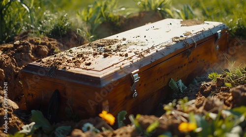 With a lowering mechanism and a background of grass and dirt an older wooden casket is being lowered into a grave throughout a memorial service