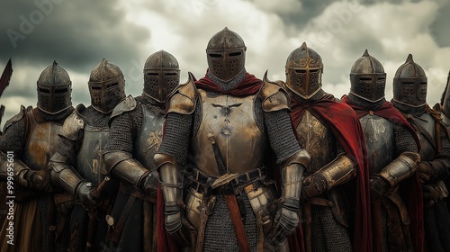 A group of knights posing for a group photo at a renaissance faire.