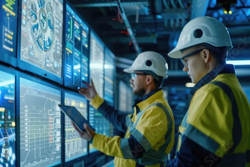 Two construction workers reviewing a large screen display, possibly monitoring a building or infrastructure project's status