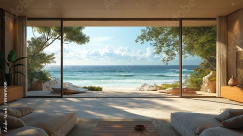 A beachfront house with large glass doors opening to a sandy shore and ocean wave.