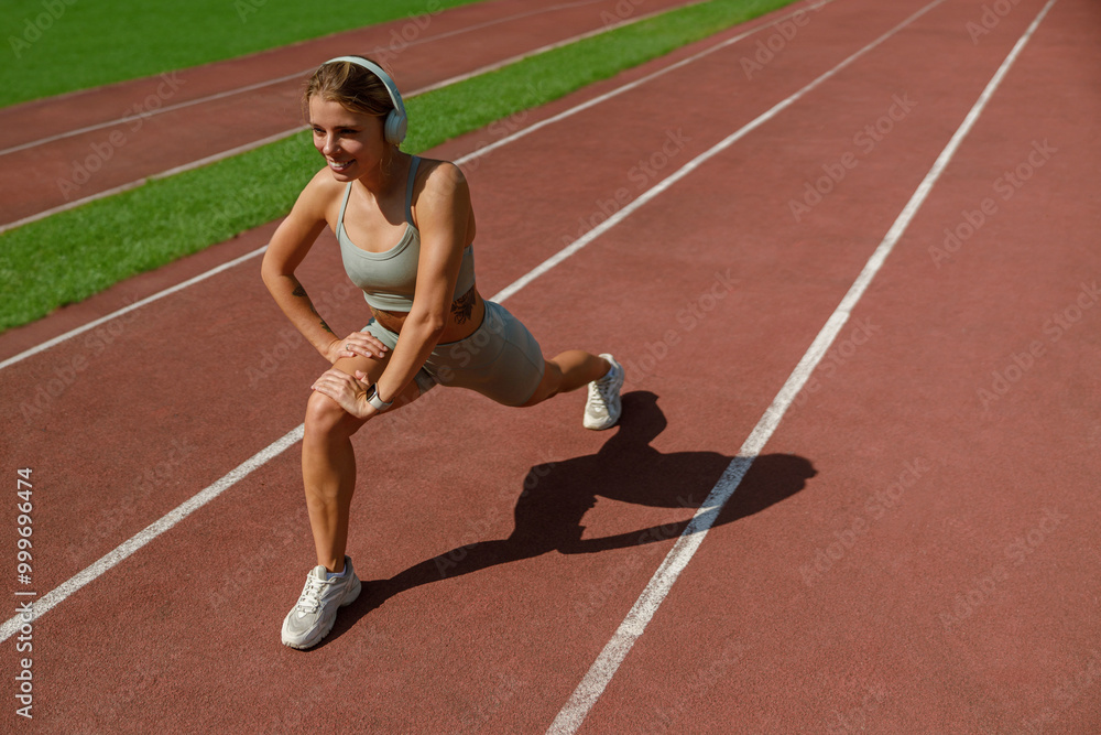 Obraz premium A Young Woman Actively Engaging in Stretching Exercises on a Running Track While Wearing Headphones