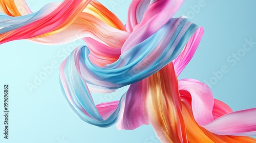 Flowing ribbons in vibrant pink, blue, and orange tones move gracefully on a light blue background. Dynamic abstract motion. No people.