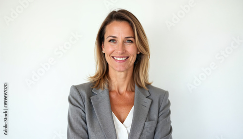 Portrait of a confident, professional woman in formal attire with a warm, approachable smile.