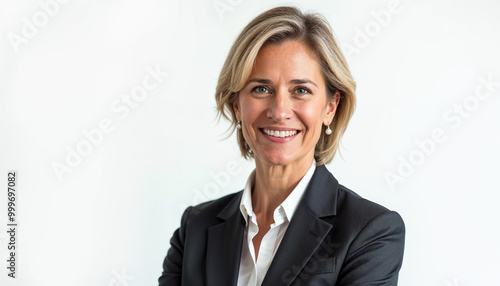 Portrait of a confident, professional woman in formal attire with a warm, approachable smile. photo