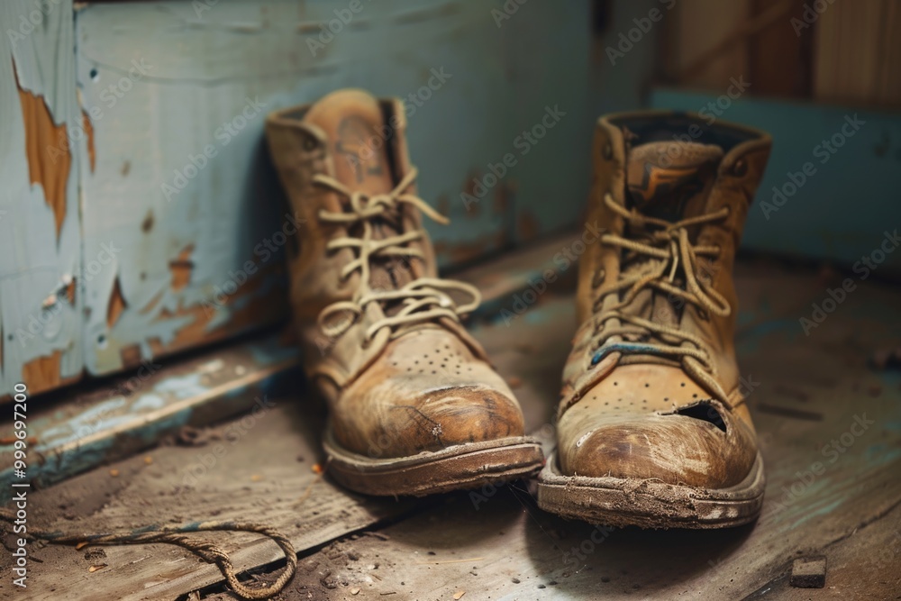 A pair of worn-out boots sitting on a wooden floor, perfect for outdoor or rustic-themed scenes A pair of worn-out boots sitting on a wooden floor, perfect for outdoor or rustic-themed scenes