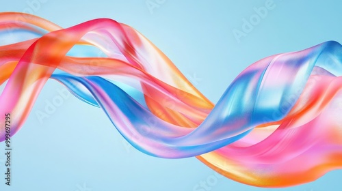 Pink, blue, and orange ribbons curve and twist dynamically on a light blue background, creating an abstract flow. No people.