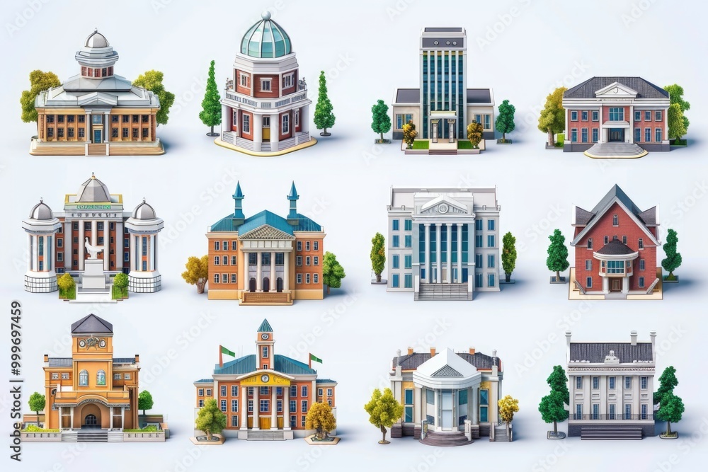 Collection of architecture models placed on a white surface, great for presentations and designs Collection of architecture models placed on a white surface, great for presentations and designs