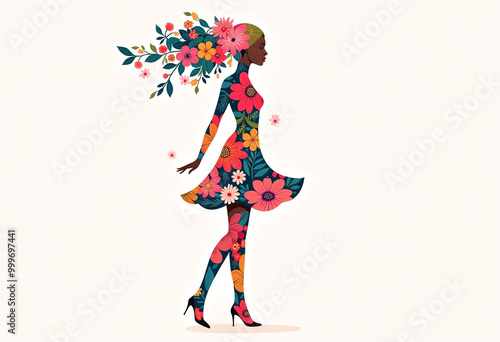 Illustration of a Woman’s Silhouette Filled with Vibrant Floral Patterns, International Women’s Day 8 March