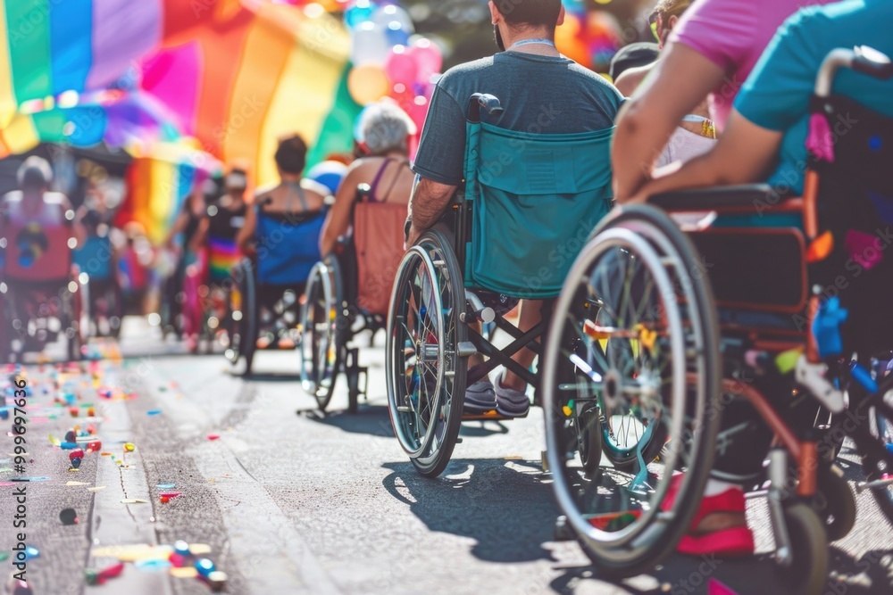 Obraz premium Group of individuals using wheelchairs navigating a city street, highlighting accessibility and inclusion