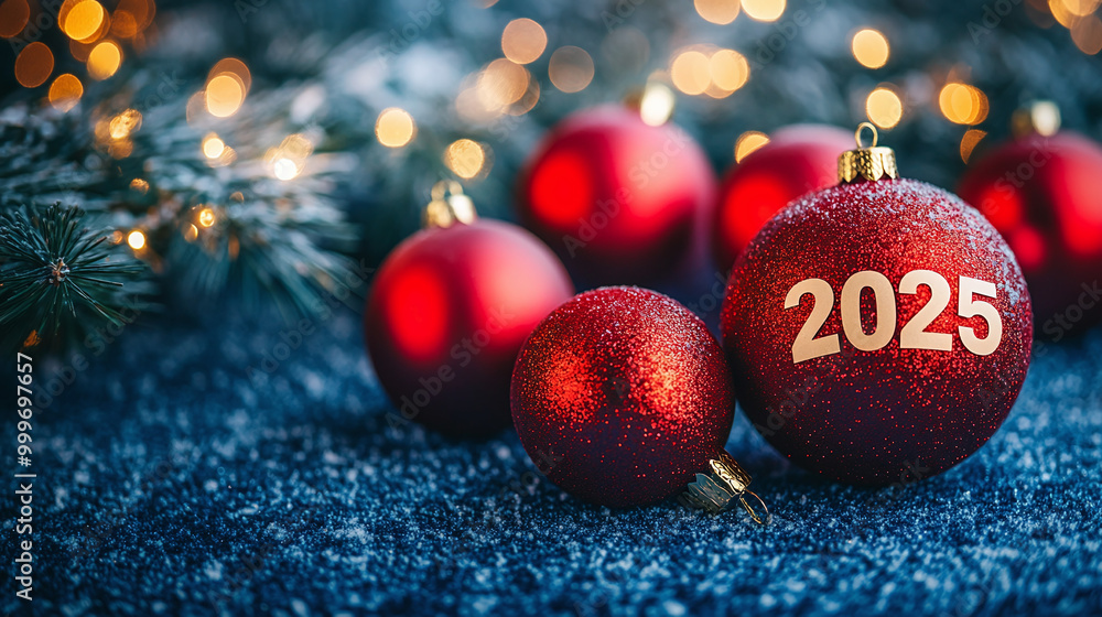 2025 on New Year's balls on a blurred background with space for text 2025 on New Year's balls on a blurred background with space for text