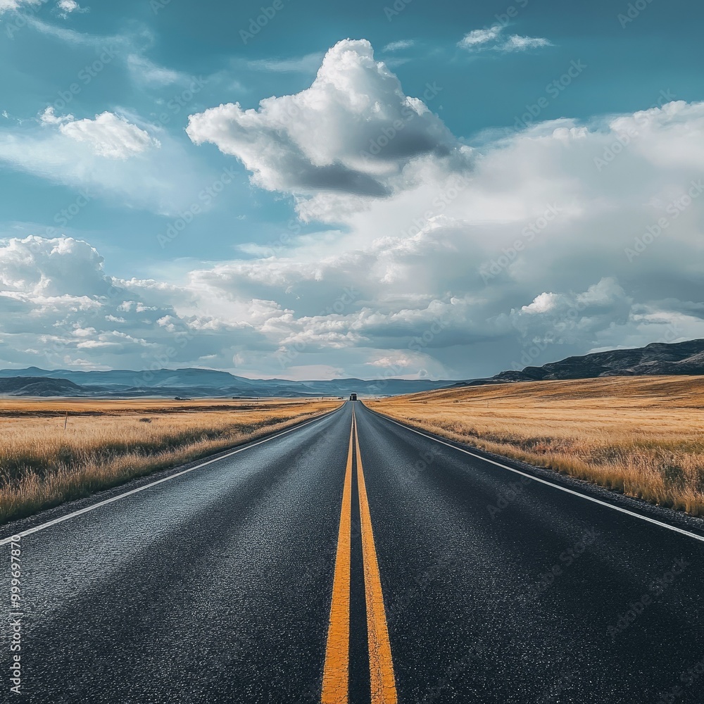 An empty highway stretching through a vast landscape, a single vehicle driving in the distance, and dramatic clouds overhead creating a sense of adventure. Snail- An empty highway stretching through a vast landscape, a single vehicle driving in the distance, and dramatic clouds overhead creating a sense of adventure. Snail-
