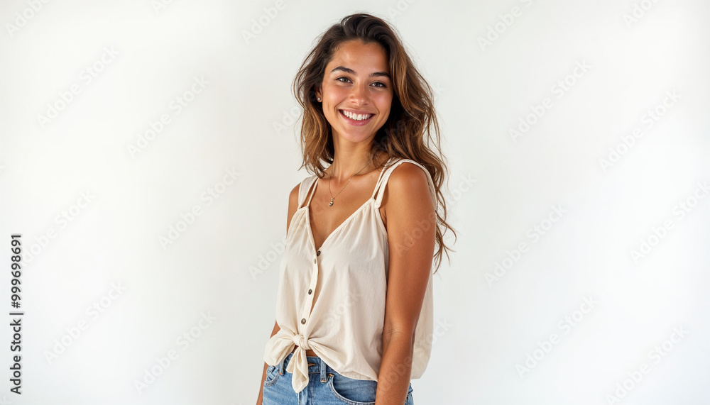 Portrait of a young American female student in casual summer attire, smiling warmly. Portrait of a young American female student in casual summer attire, smiling warmly.