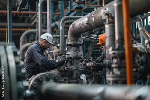 Two construction workers in hard hats fixing pipes