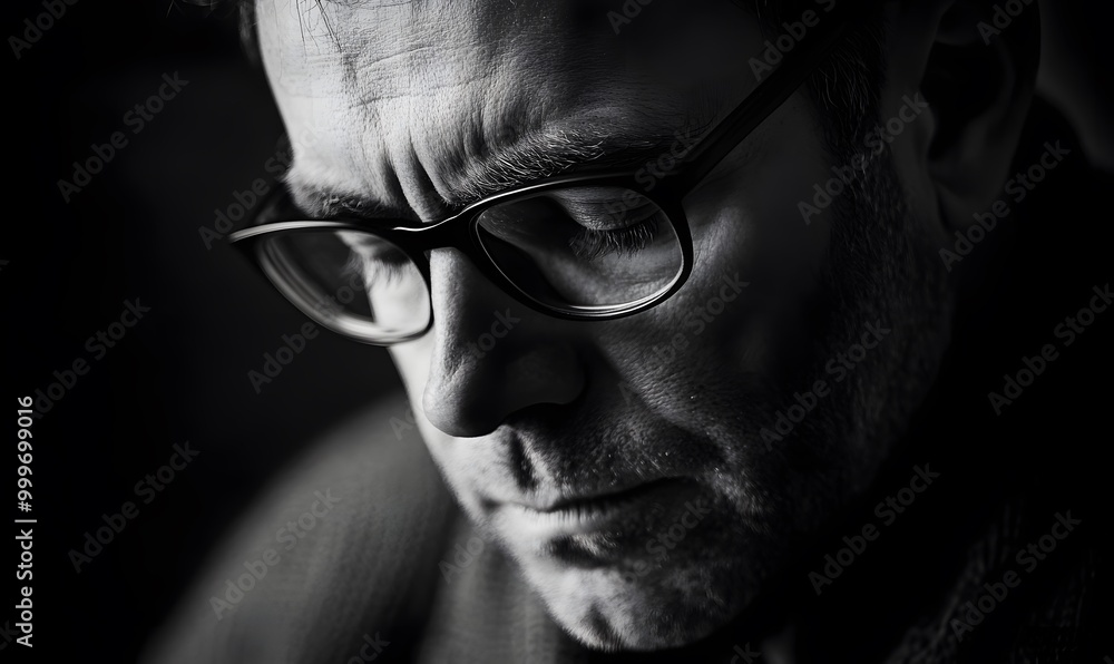 Black and White Portrait of a Man Wearing Glasses and Looking Down, Generative AI Black and White Portrait of a Man Wearing Glasses and Looking Down, Generative AI
