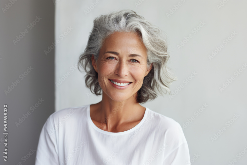 A cheerful woman with gray hair is smiling brightly and wearing a white shirt A cheerful woman with gray hair is smiling brightly and wearing a white shirt
