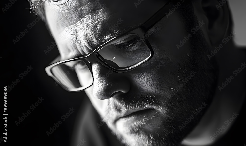 Black and White Portrait of a Man Wearing Glasses and Looking Down, Generative AI Black and White Portrait of a Man Wearing Glasses and Looking Down, Generative AI