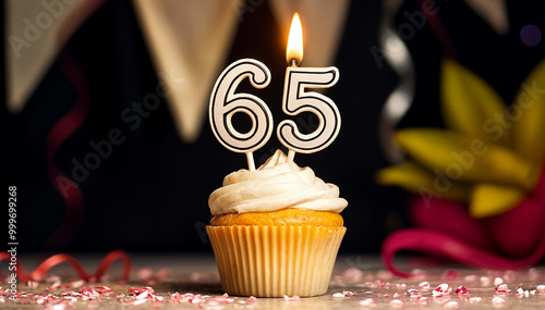 Birthday cupcake with burning lit candle with number 65. Number sixty-five for sixty-five years or sixty-fifth anniversary. photo