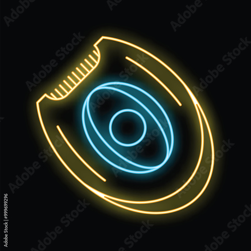 Glowing neon sign of modern electric epilator depilation tool with blue and yellow colors on a black background