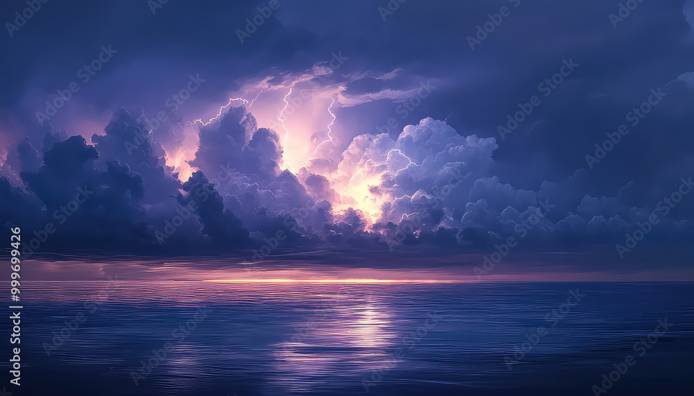Powerful Lightning Strikes Over a Dark, Stormy Sea Powerful Lightning Strikes Over a Dark, Stormy Sea