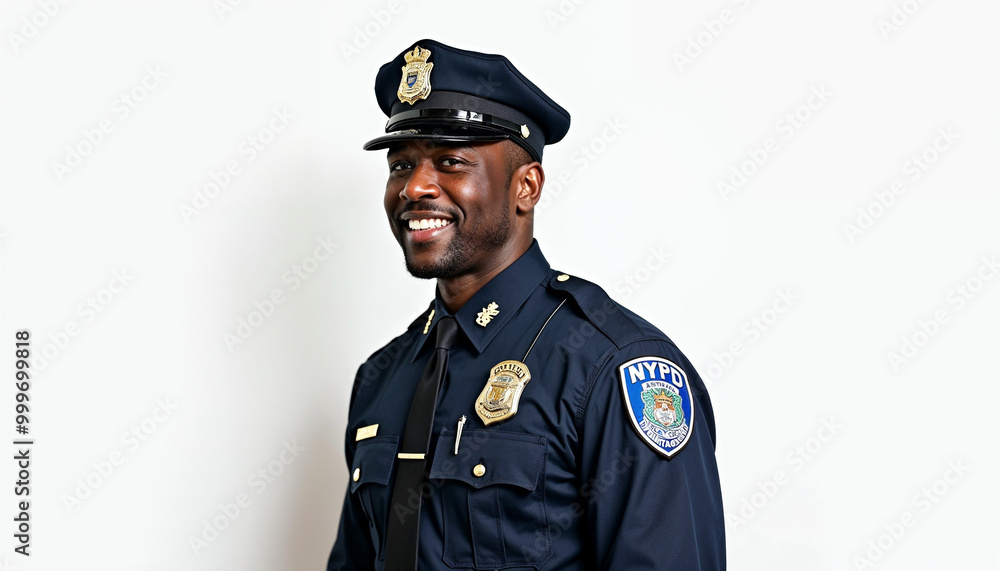 Portrait of a confident NYPD police officer in uniform, set against a vibrant New York City background. Portrait of a confident NYPD police officer in uniform, set against a vibrant New York City background.