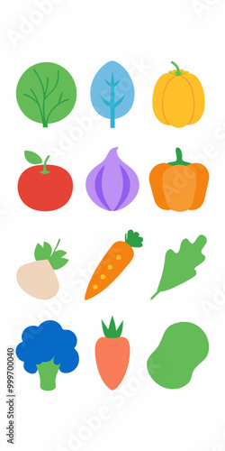 A collection of colorful, flat-style illustrations of various vegetables. Perfect for adding a touch of freshness to your designs, this graphic set features carrots, broccoli, onions, tomatoes.