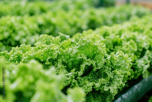 Field vegetable lettuce fresh organic farm. Close up hydroponic vegetable plantation green salad cultivate farm. Green oak lettuce salad in green Farm. Salad farm vegetable green oak - generative ai