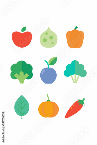 A set of nine colorful flat icons depicting various vegetables, including an apple, pear, bell pepper, broccoli, plum, pumpkin, carrot, and leafy greens. Perfect for digital projects, branding.