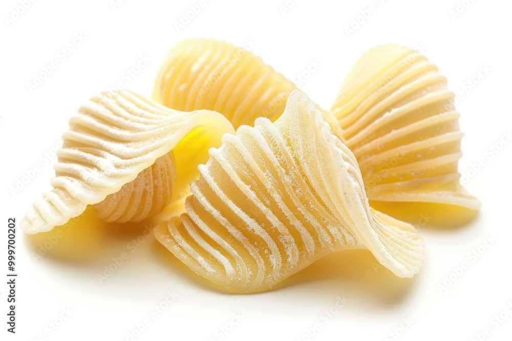 Three pieces of pasta on a clean white surface, perfect for food or culinary photography Three pieces of pasta on a clean white surface, perfect for food or culinary photography