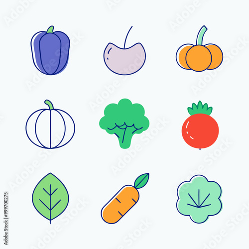 A set of nine colorful line icons depicting various vegetables, including pumpkins, broccoli, carrots, bell peppers, and tomatoes. Perfect for use in food-related projects, illustrations.