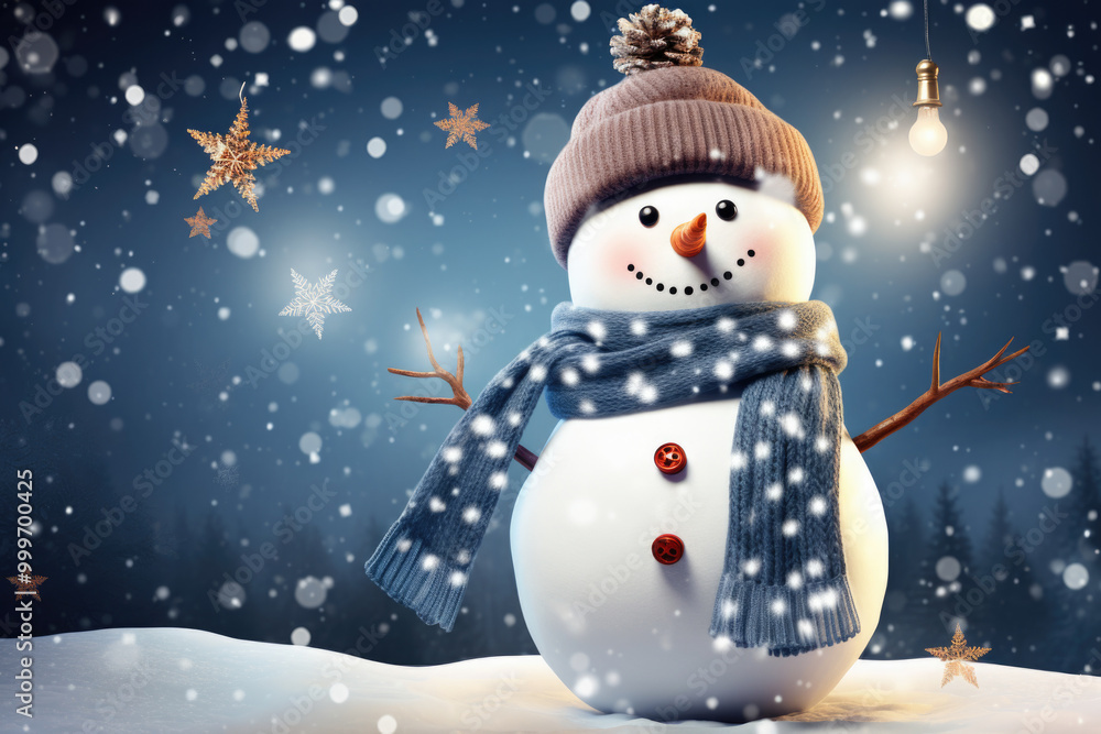 Fototapeta premium Merry christmas and happy new year greeting card with copy-space. Happy snowman standing in christmas landscape. Snow background. Winter fairytale