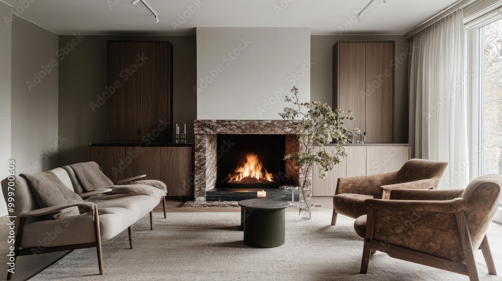 A modern Scandinavian living room with a focal point fireplace A modern Scandinavian living room with a focal point fireplace
