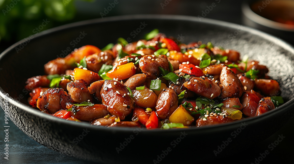 Chicken gizzards stir-fried with vegetables in black bowl for hearty meal Chicken gizzards stir-fried with vegetables in black bowl for hearty meal
