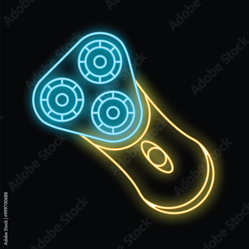Glowing neon line electric shaver icon isolated on black background, showcasing modern shaving technology in a vibrant and eye catching way