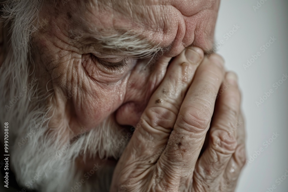 Fototapeta premium A elderly person with long white beard, contemplating or hiding his face