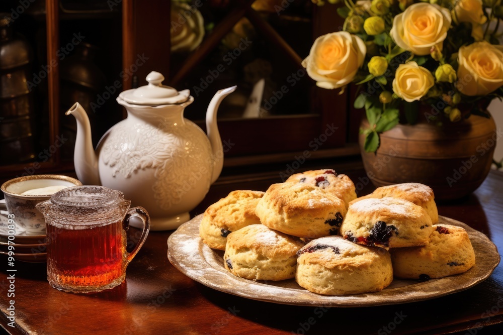Scone Varieties: Showcase a variety of scones, each with different toppings and flavors, against the backdrop of a charming English village. Scone Varieties: Showcase a variety of scones, each with different toppings and flavors, against the backdrop of a charming English village.