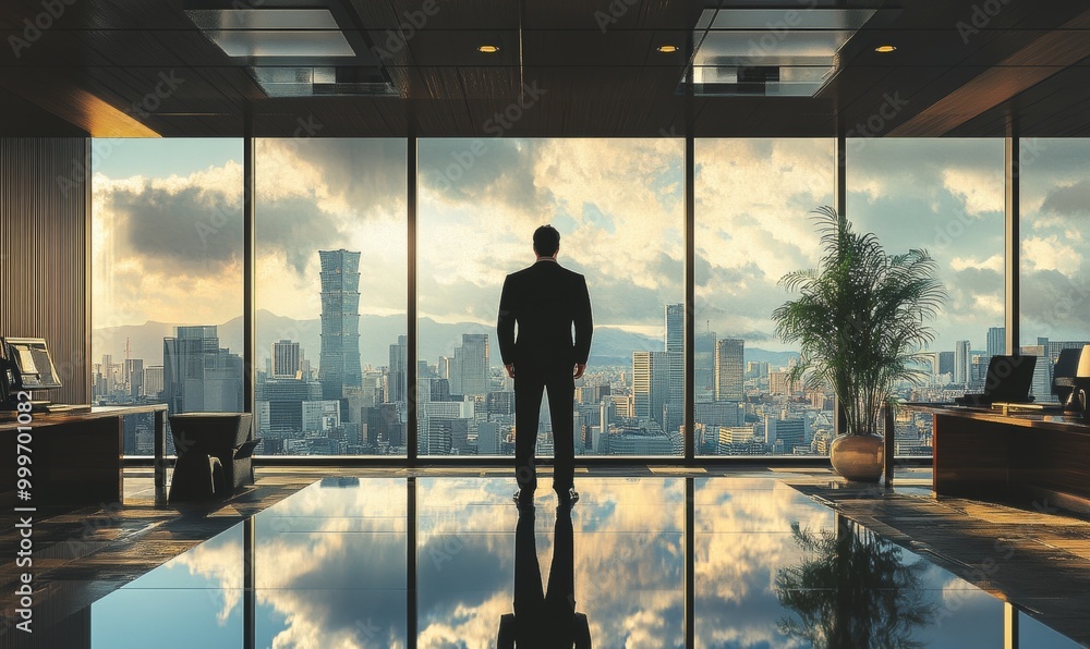 Fototapeta premium Man in suit looking at cityscape from office.