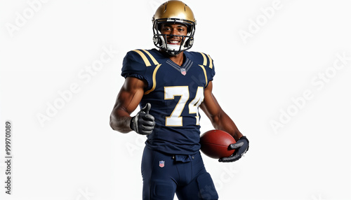 Portrait of a football player in full uniform holding a ball, reflecting confidence and athleticism.