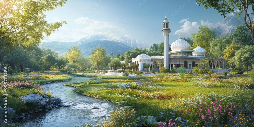 Fototapeta premium A serene landscape featuring a mosque surrounded by lush greenery and colorful flowers.
